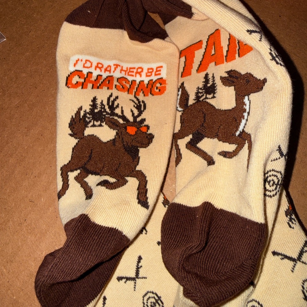 I'd Rather Be Chasing Tail Hunting Socks Men OSFM NEW Novelty Deer Rifle Tan